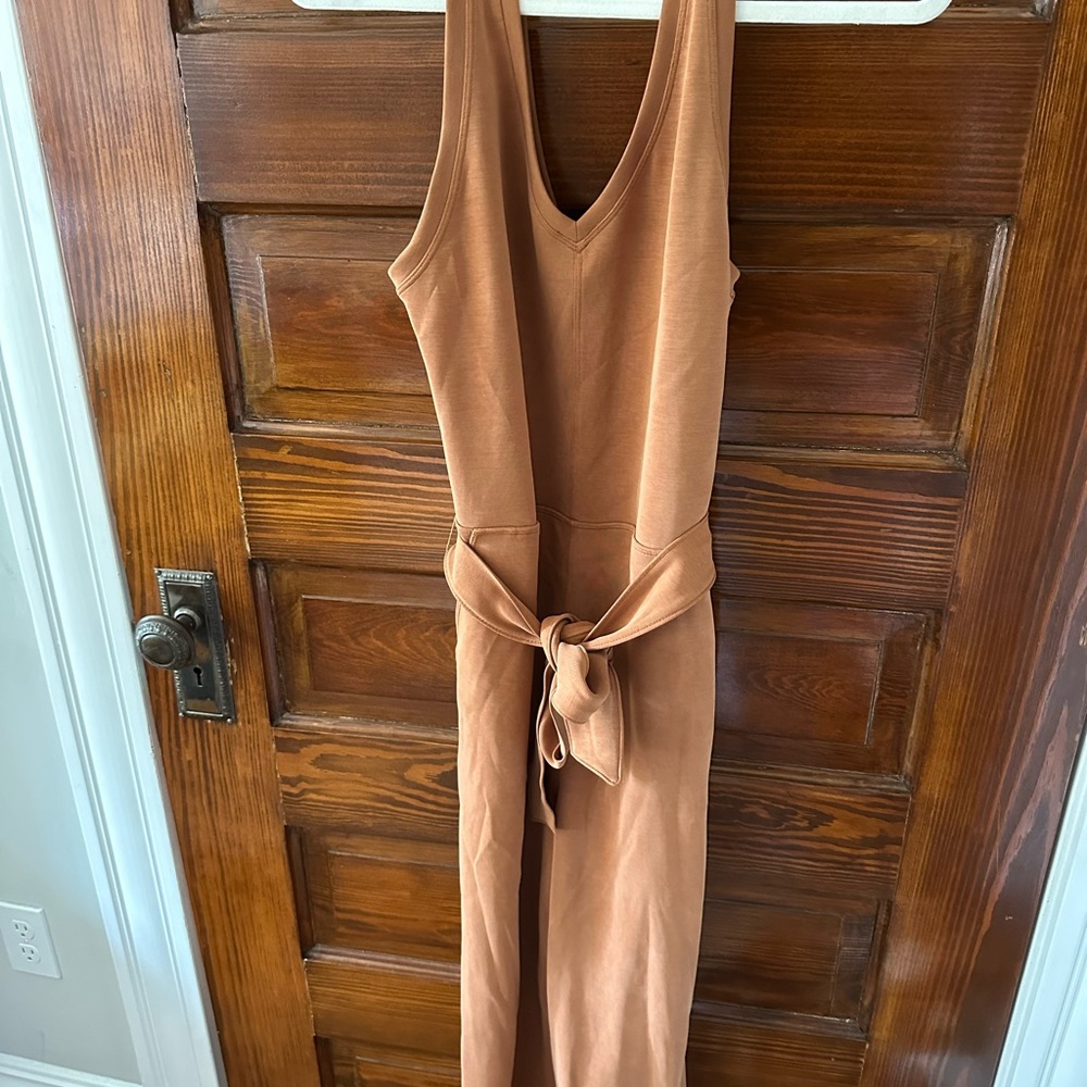 Lululemon Tan Wide-Leg Jumpsuit with V-Neck and Self-Tie Belt